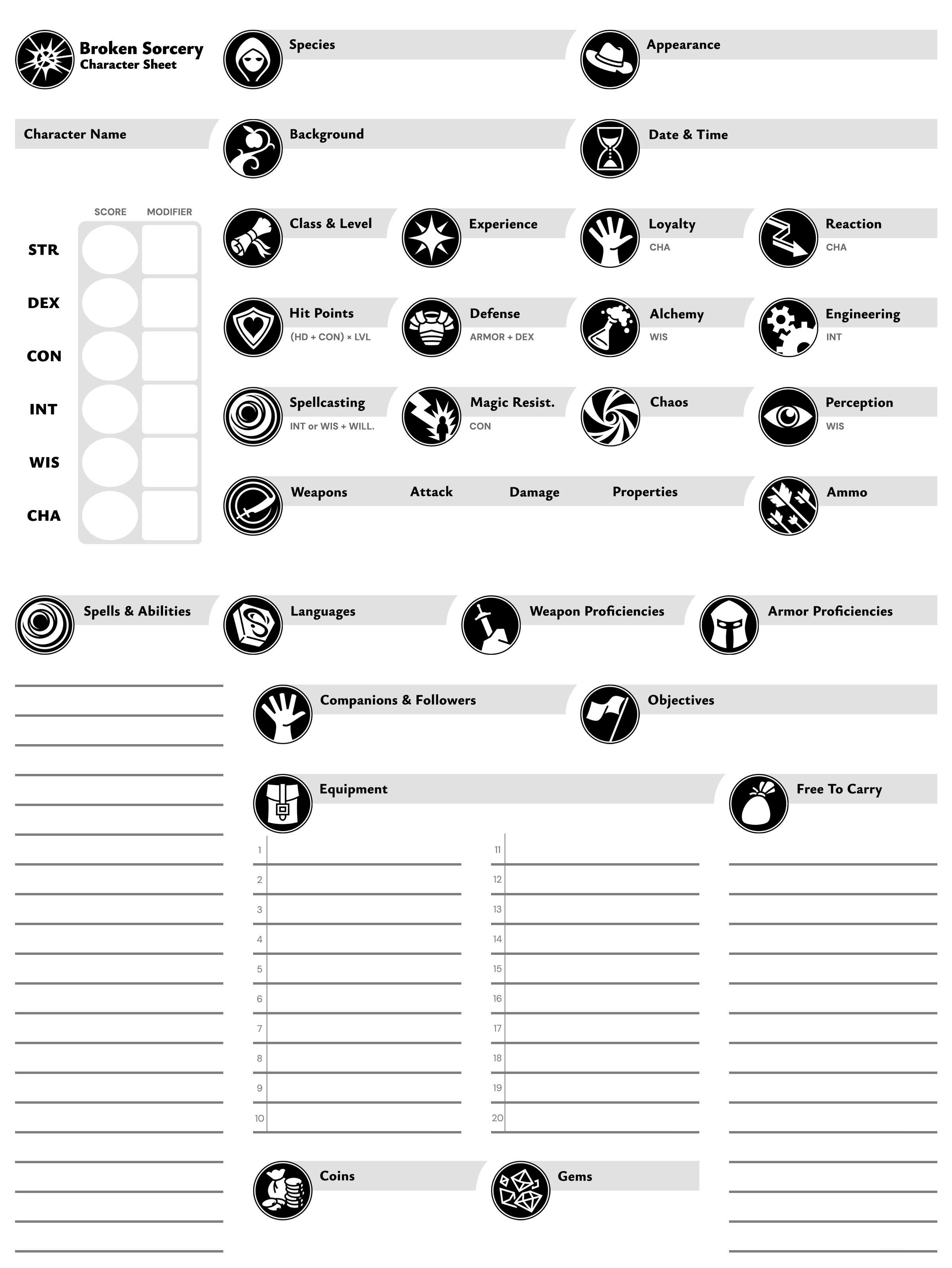 Broken Sorcery RPG Character Sheet